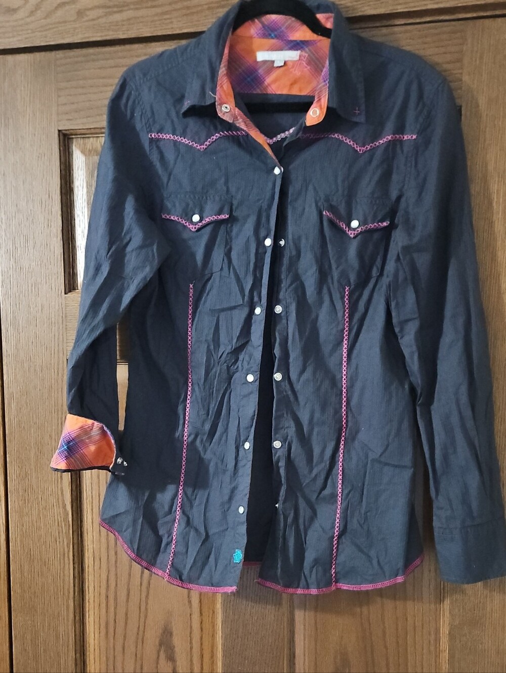 Tin Haul Black Button-Down Shirt with Orange Plaid Accents